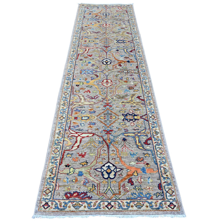 2'11" x 10'10" New Hand Knotted Grey Wool Runner Oriental Rug - MOA10289830