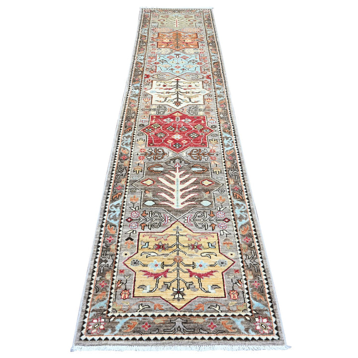 2'6" x 11'5" New Hand Knotted Grey Wool Runner Oriental Rug - MOA10289836