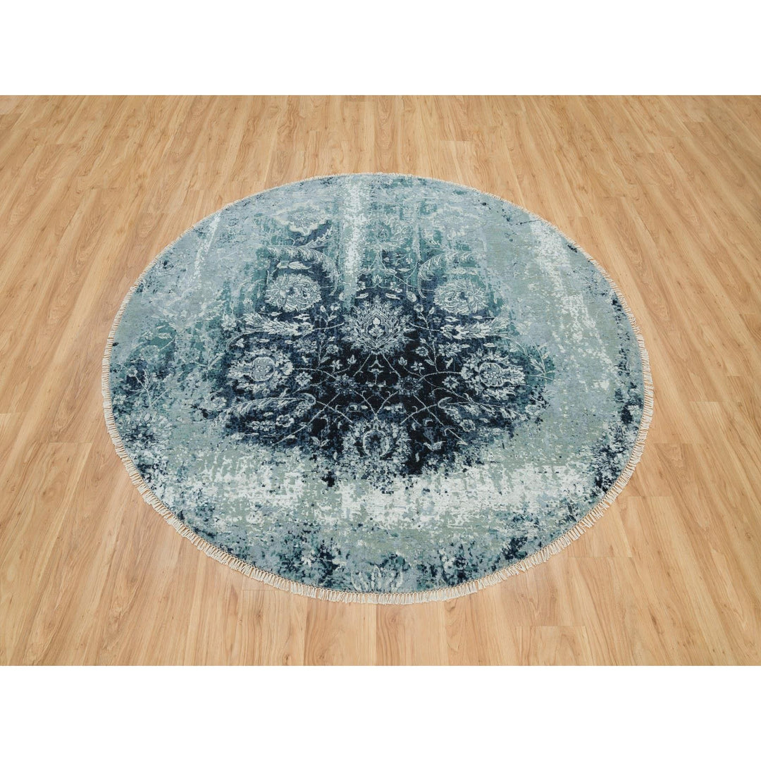 6'11" x 6'11" New Hand Knotted Blue Cotton Round Oriental Rug - MOA10290131