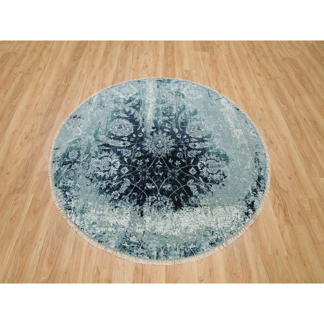 6'0" x 6'0" New Hand Knotted Blue Wool & Silk Round Oriental Rug - MOA10290132