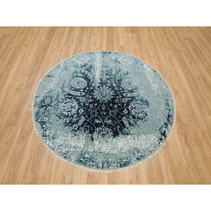 6'0" x 6'0" New Hand Knotted Blue Wool & Silk Round Oriental Rug - MOA10290132