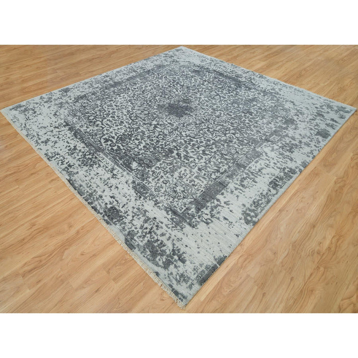 9'10" x 10'1" New Hand Knotted Grey Wool & Silk Square Oriental Rug - MOA10290134