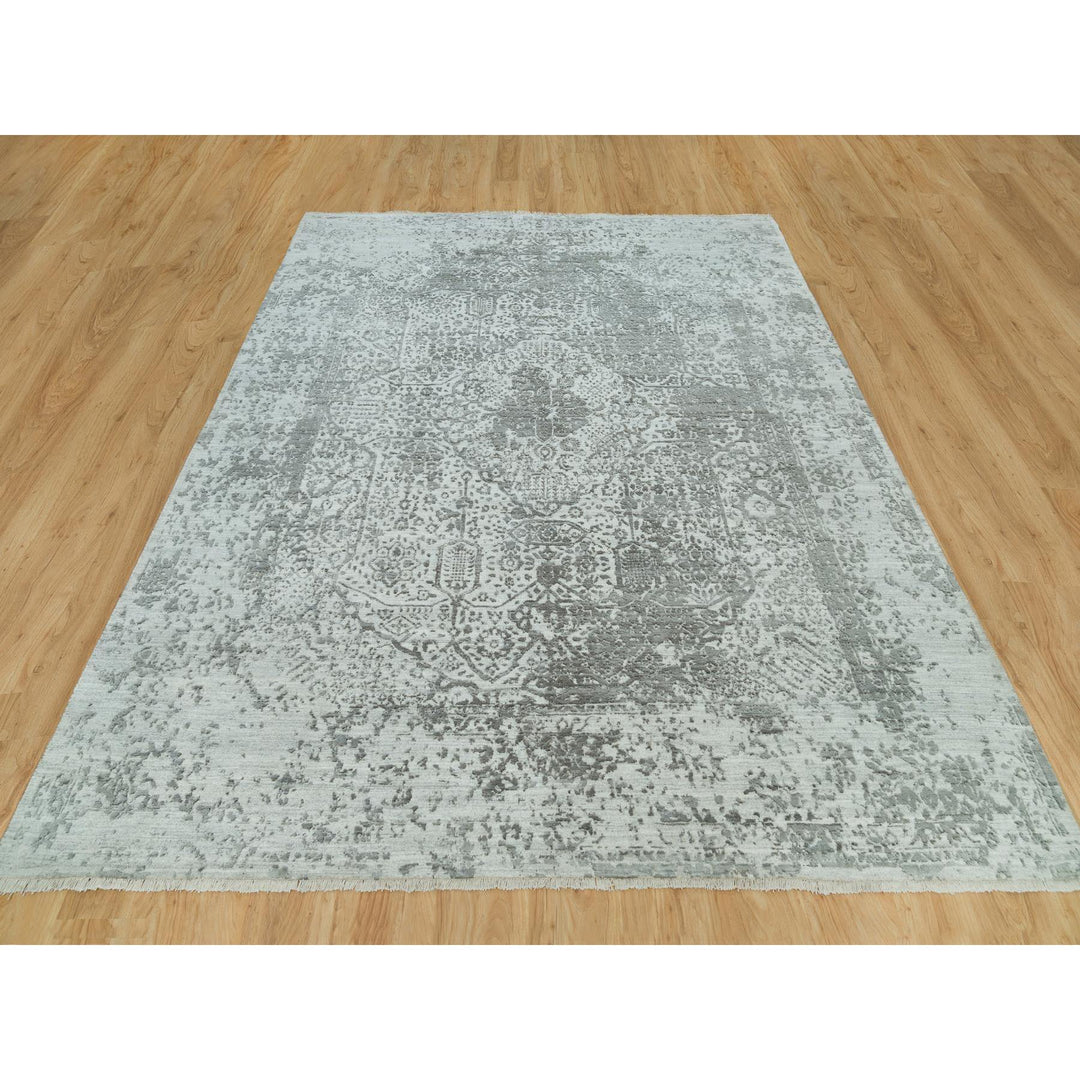 8'0" x 10'1" New Hand Knotted Grey Wool & Silk Rectangle Oriental Rug - MOA10290200