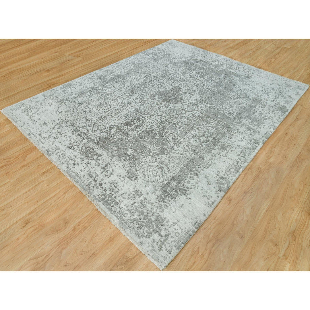 8'0" x 10'1" New Hand Knotted Grey Wool & Silk Rectangle Oriental Rug - MOA10290200