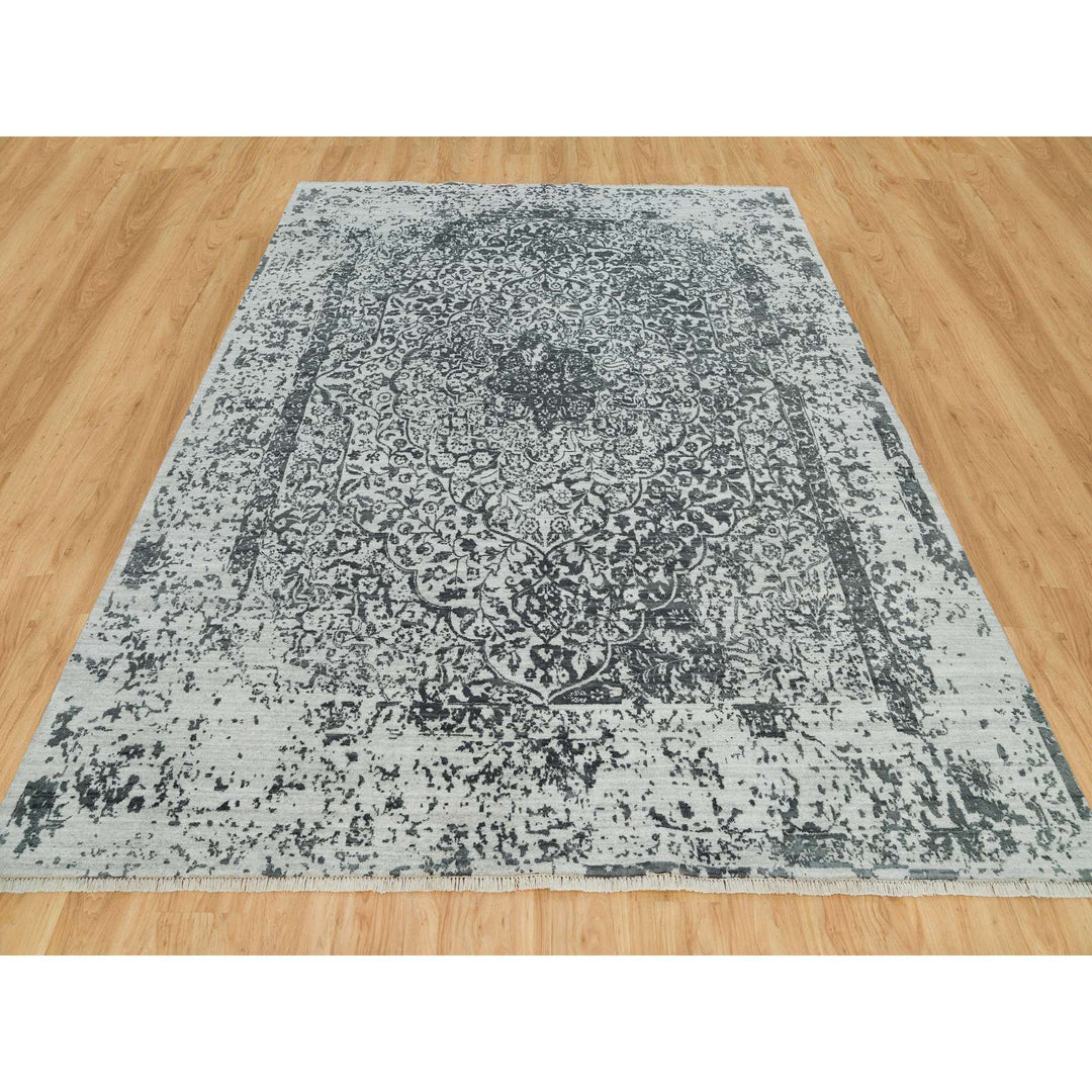 8'1" x 10'0" New Hand Knotted Grey Wool & Silk Rectangle Oriental Rug - MOA10290205