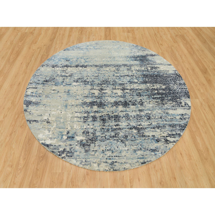 7'11" x 7'11" New Hand Knotted Grey Wool & Silk Round Oriental Rug - MOA10290210