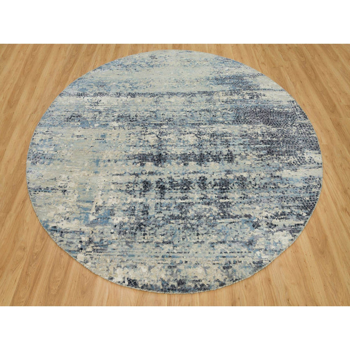 8'11" x 8'11" New Hand Knotted Grey Wool & Silk Round Oriental Rug - MOA10290212