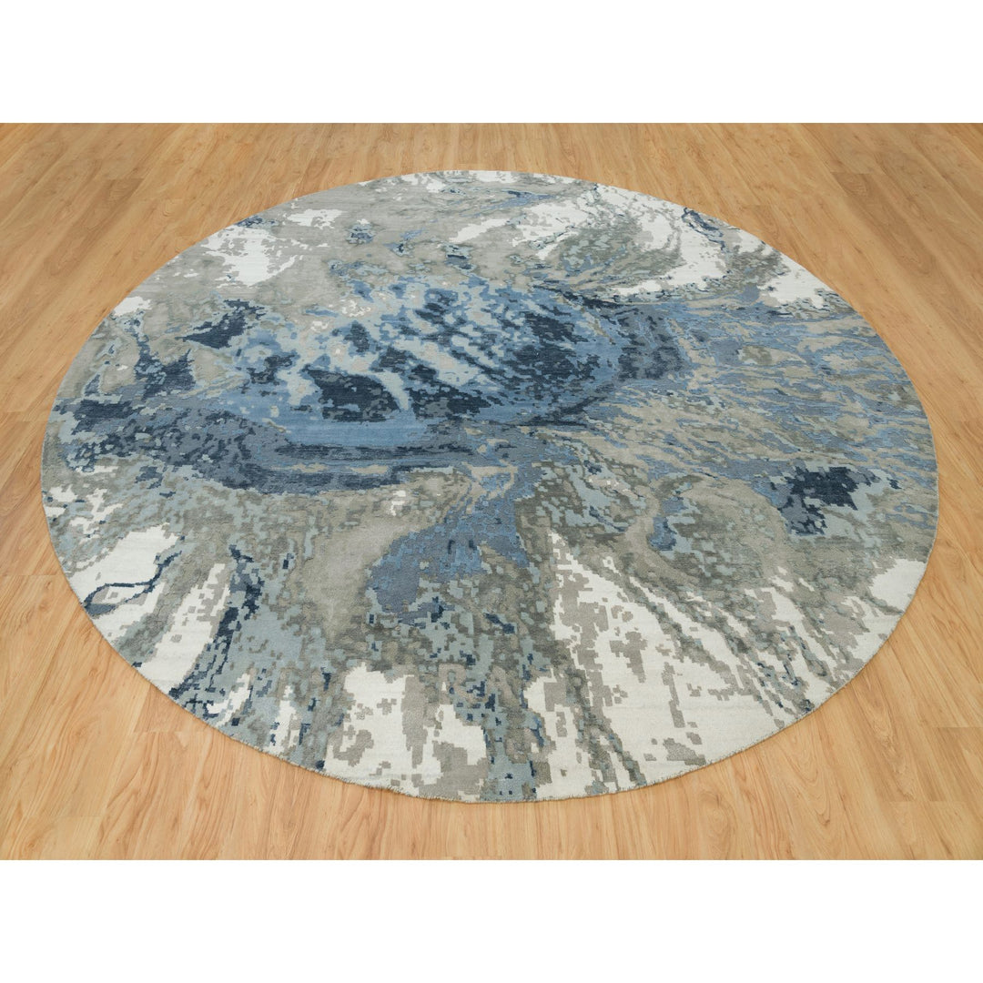 11'10" x 11'10" New Hand Knotted Blue Wool & Silk Round Oriental Rug - MOA10290214