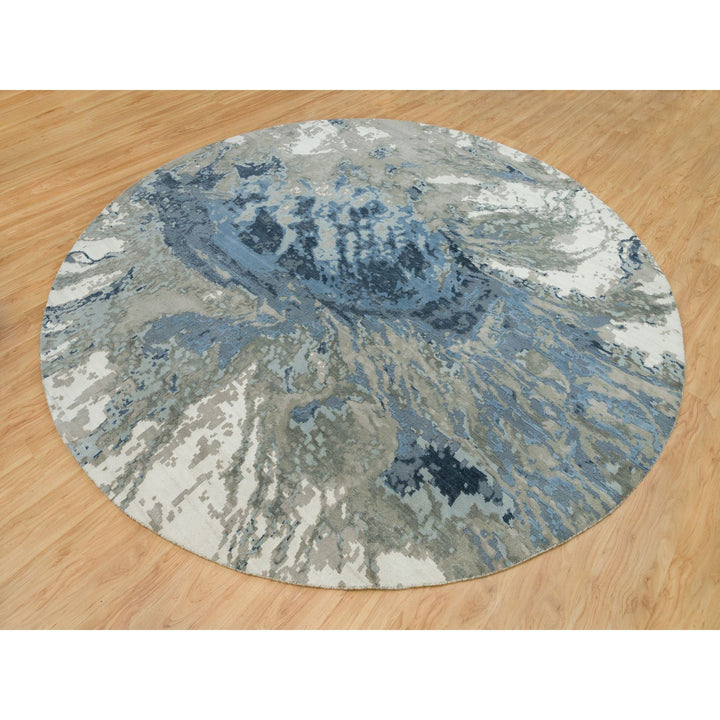 11'10" x 11'10" New Hand Knotted Blue Wool & Silk Round Oriental Rug - MOA10290214