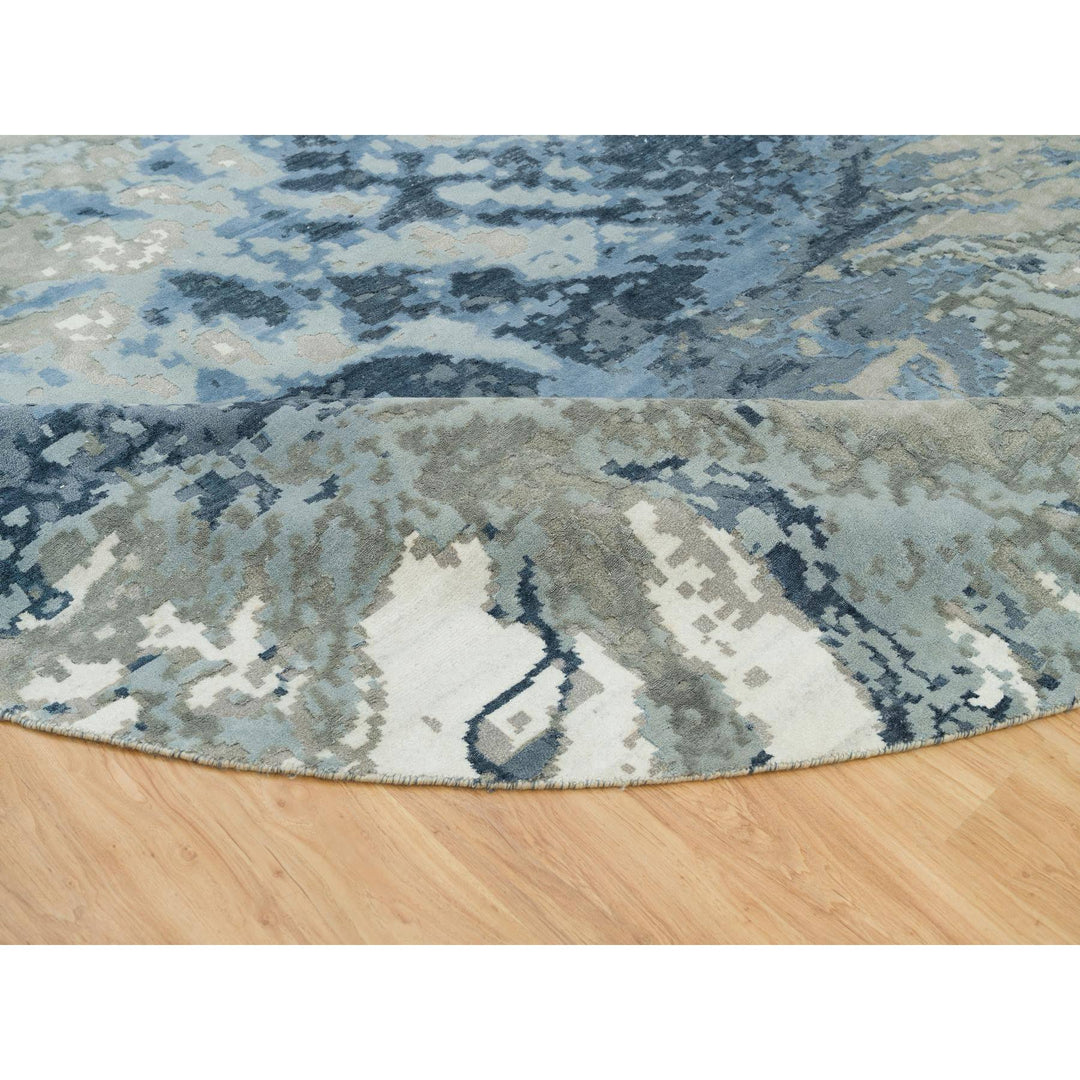 11'10" x 11'10" New Hand Knotted Blue Wool & Silk Round Oriental Rug - MOA10290214