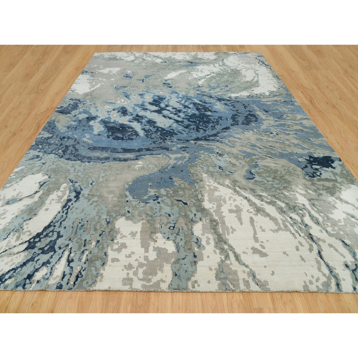 11'11" x 15'3" New Hand Knotted Blue Wool & Silk Rectangle Oriental Rug - MOA10290216