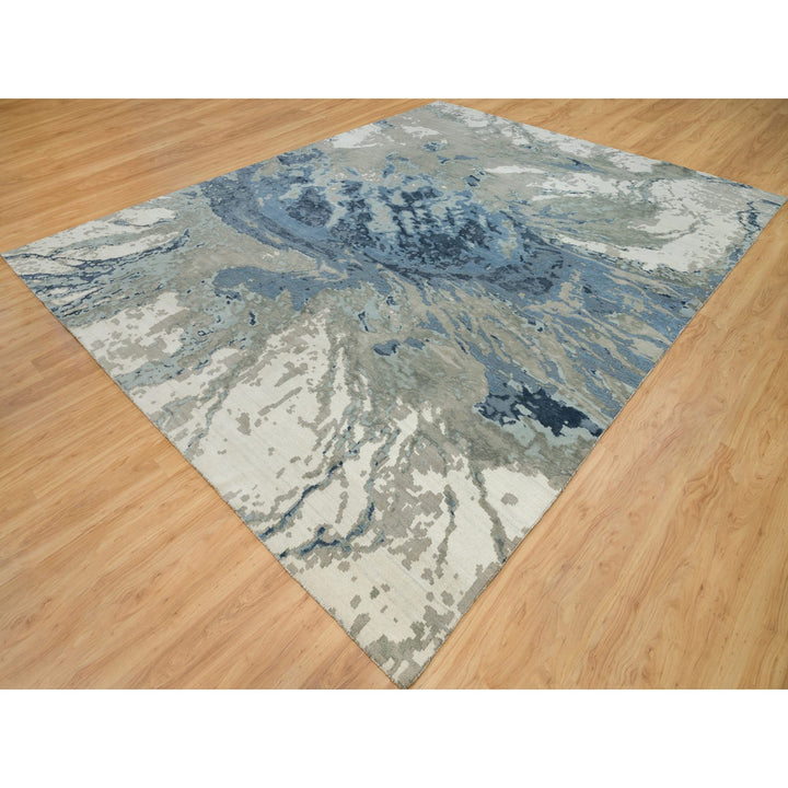 11'11" x 15'3" New Hand Knotted Blue Wool & Silk Rectangle Oriental Rug - MOA10290216