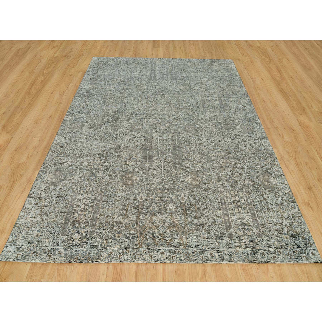 8'1" x 10'1" New Hand Knotted Grey Wool & Silk Rectangle Oriental Rug - MOA10290219