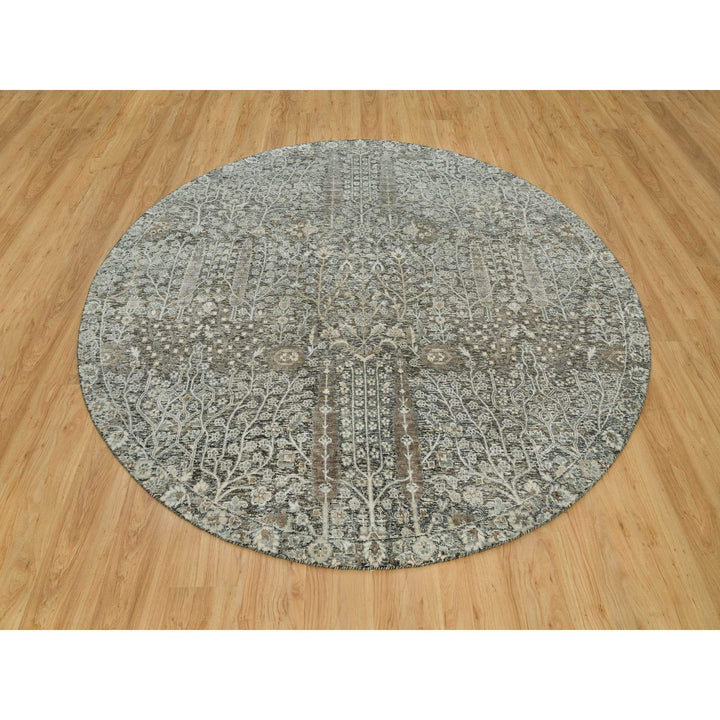 7'11" x 7'11" New Hand Knotted Grey Wool & Silk Round Oriental Rug - MOA10290246