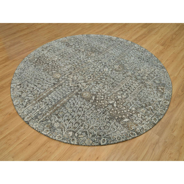 7'11" x 7'11" New Hand Knotted Grey Wool & Silk Round Oriental Rug - MOA10290246