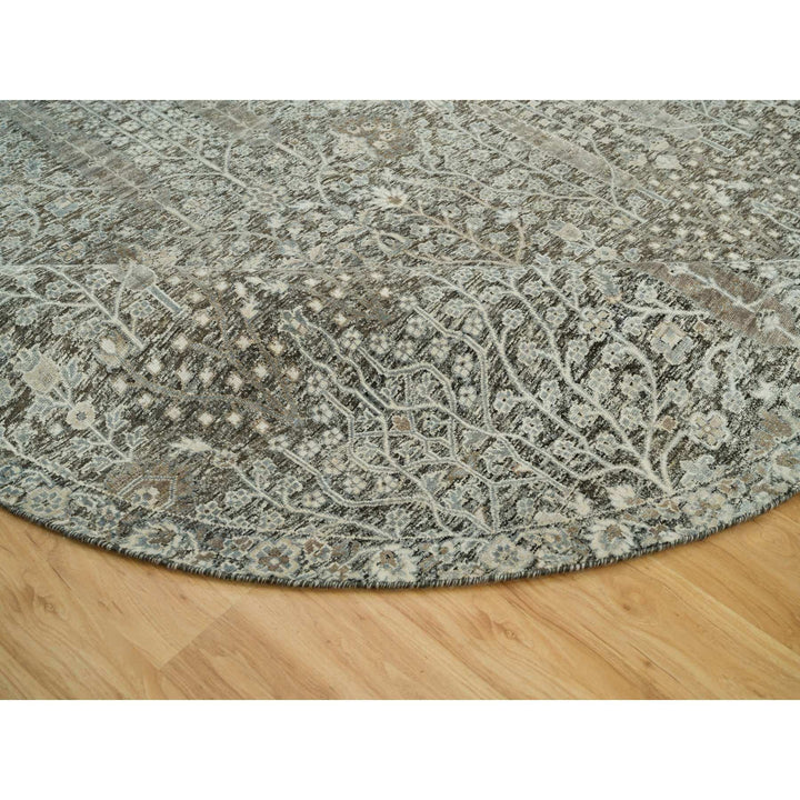 7'11" x 7'11" New Hand Knotted Grey Wool & Silk Round Oriental Rug - MOA10290246