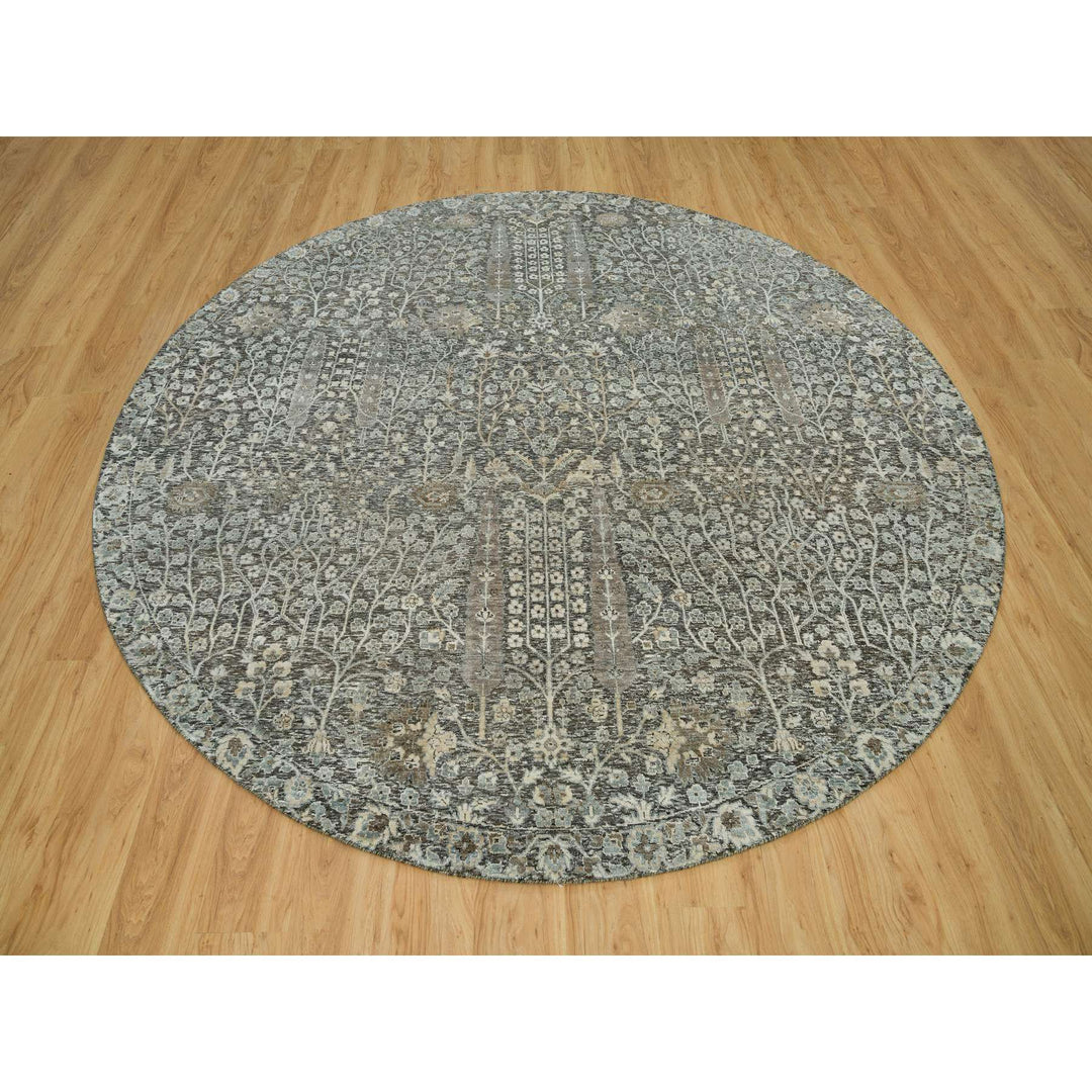 9'10" x 9'10" New Hand Knotted Grey Wool & Silk Round Oriental Rug - MOA10290247