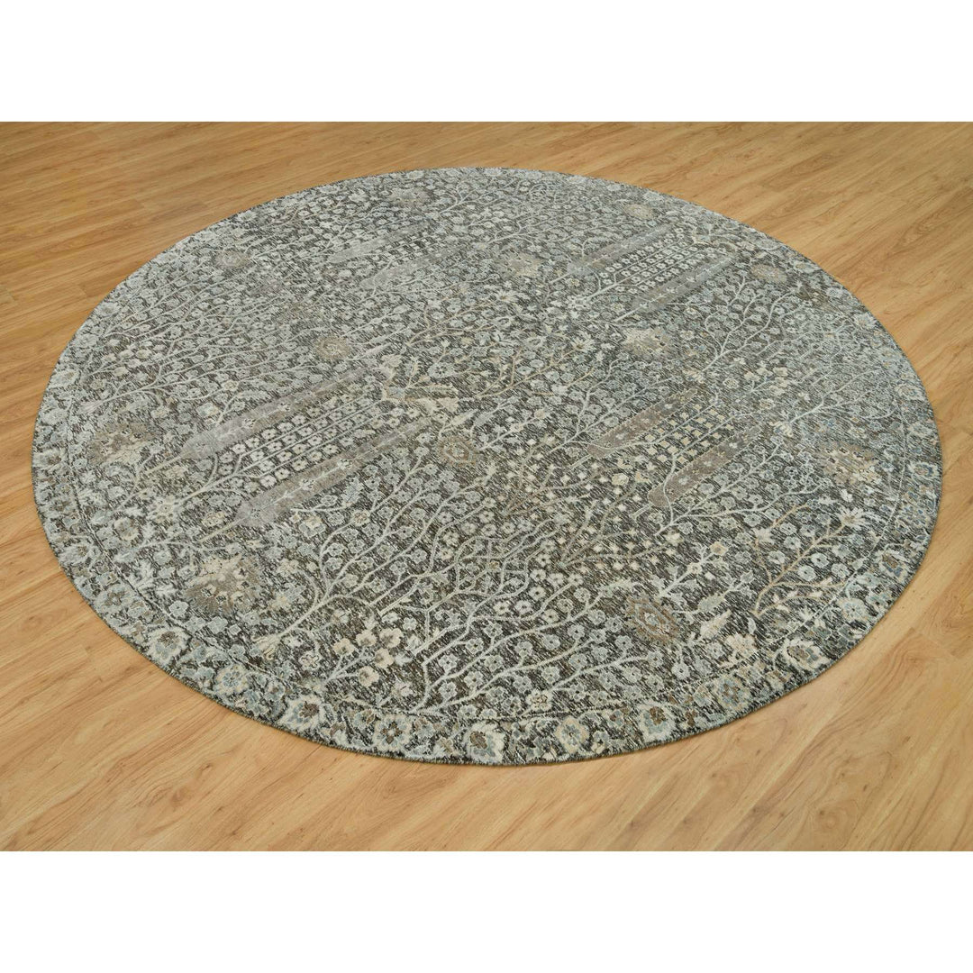 9'10" x 9'10" New Hand Knotted Grey Wool & Silk Round Oriental Rug - MOA10290247