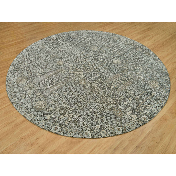 9'10" x 9'10" New Hand Knotted Grey Wool & Silk Round Oriental Rug - MOA10290247