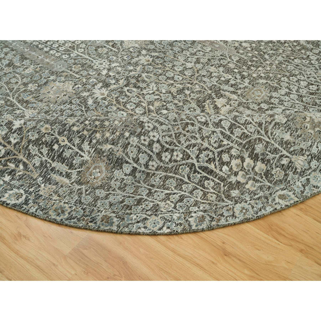 9'10" x 9'10" New Hand Knotted Grey Wool & Silk Round Oriental Rug - MOA10290247