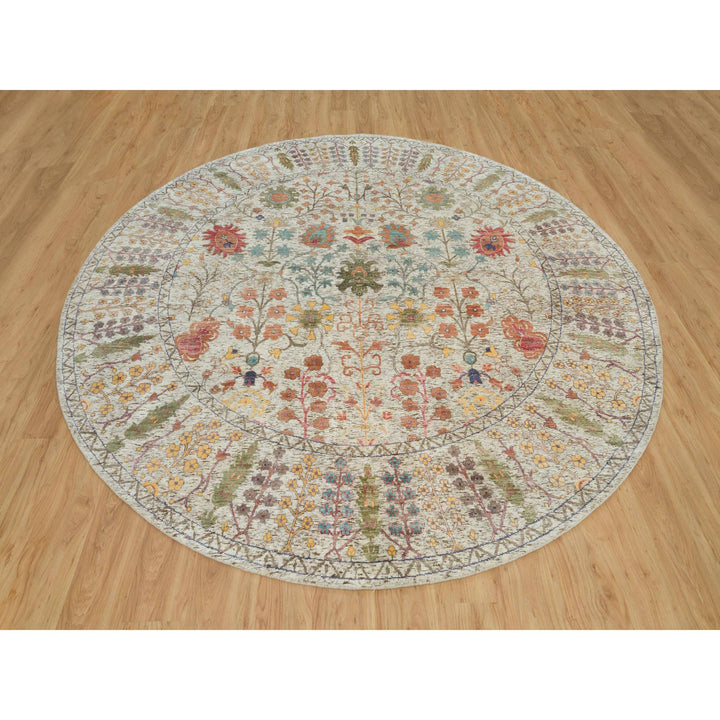 9'10" x 9'10" New Hand Knotted Beige Wool & Silk Round Oriental Rug - MOA10290251