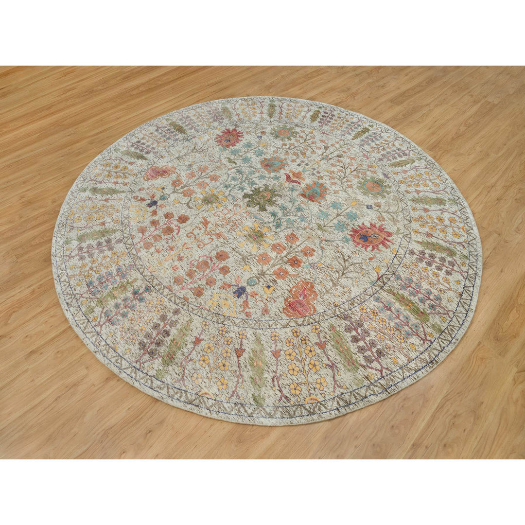 9'10" x 9'10" New Hand Knotted Beige Wool & Silk Round Oriental Rug - MOA10290251