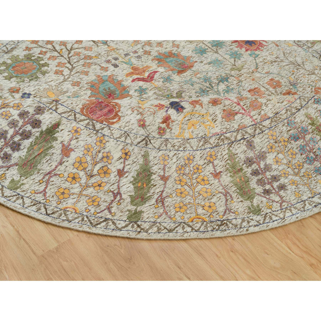 9'10" x 9'10" New Hand Knotted Beige Wool & Silk Round Oriental Rug - MOA10290251