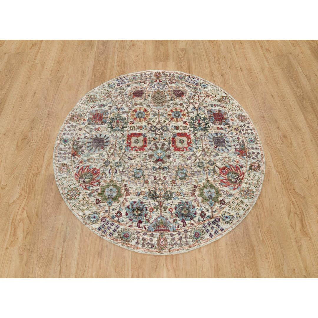 5'0" x 5'0" New Hand Knotted Ivory Wool & Silk Round Oriental Rug - MOA10290259