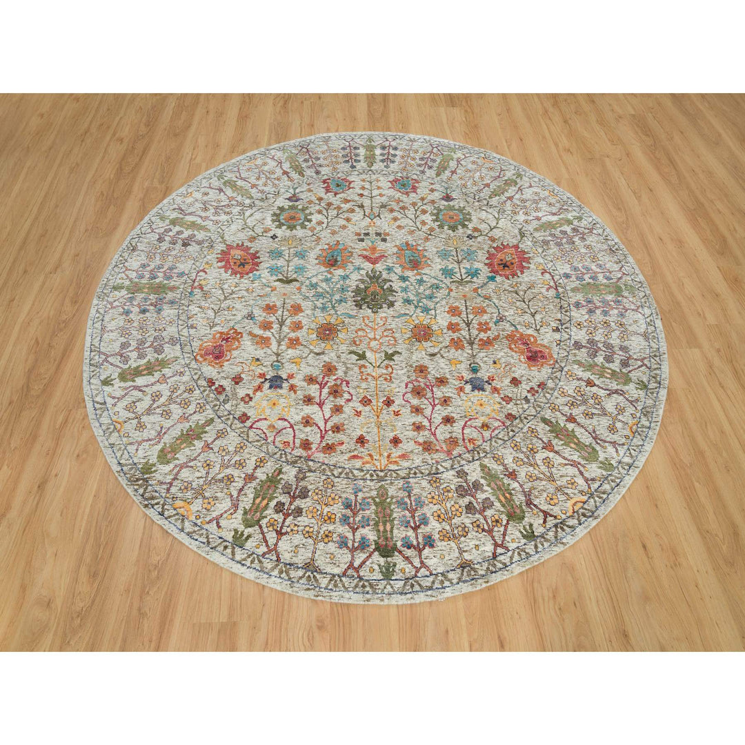 7'11" x 7'11" New Hand Knotted Beige Wool & Silk Round Oriental Rug - MOA10290262