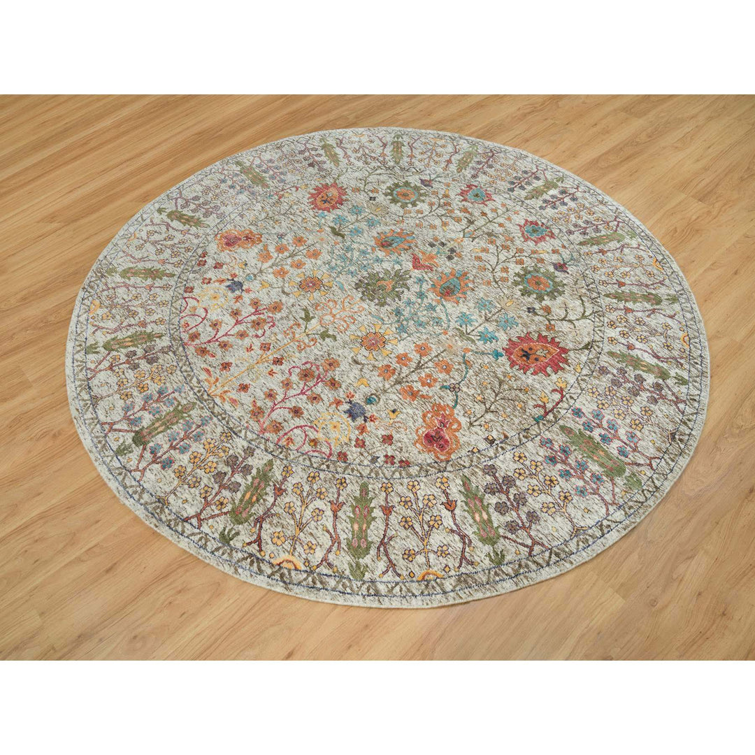 7'11" x 7'11" New Hand Knotted Beige Wool & Silk Round Oriental Rug - MOA10290262