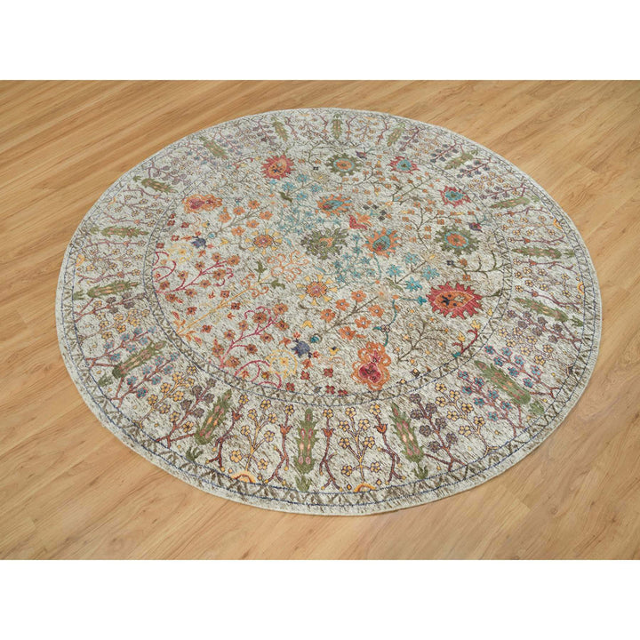 7'11" x 7'11" New Hand Knotted Beige Wool & Silk Round Oriental Rug - MOA10290262