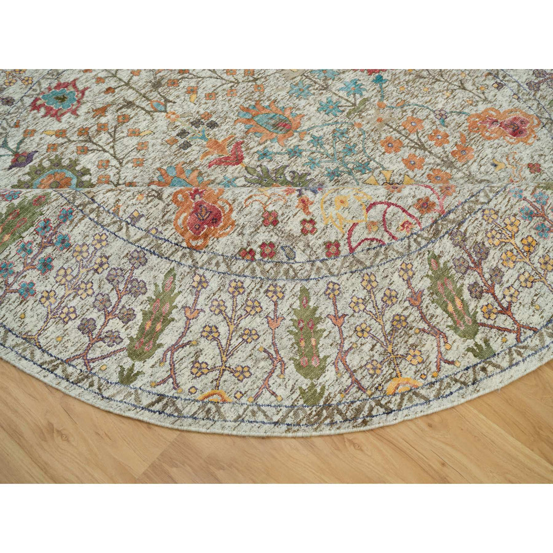 7'11" x 7'11" New Hand Knotted Beige Wool & Silk Round Oriental Rug - MOA10290262