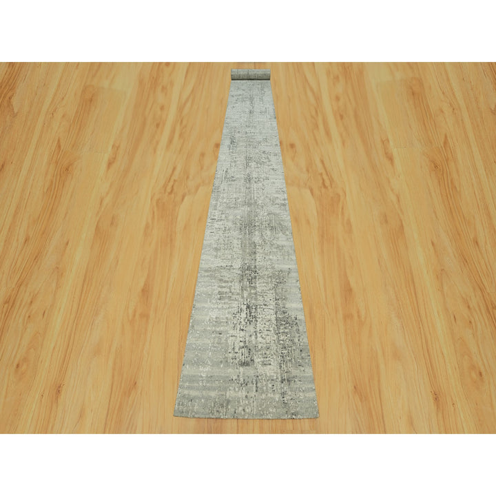 2'6" x 25'9" New Hand Knotted Grey Wool Runner Oriental Rug - MOA10290418