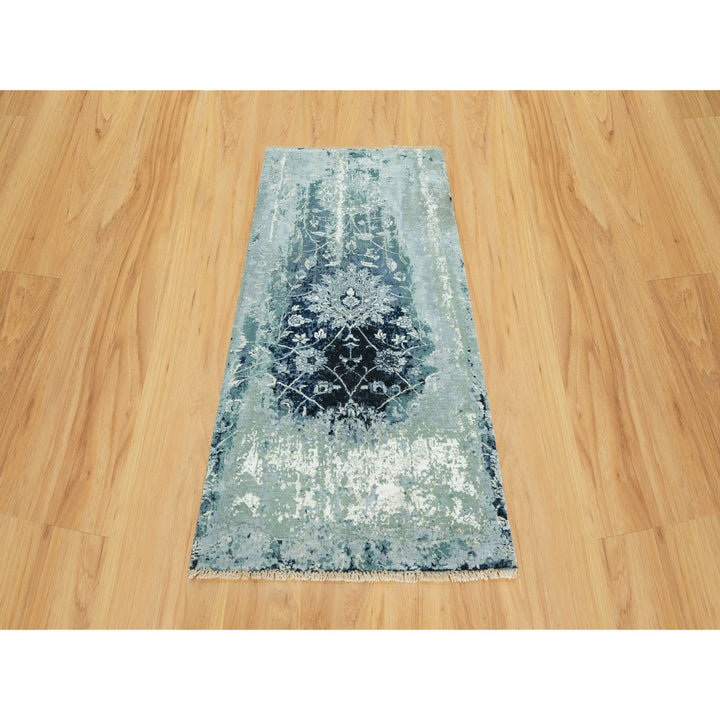 3'0" x 5'10" New Hand Knotted Blue Wool & Silk Runner Oriental Rug - MOA10290470