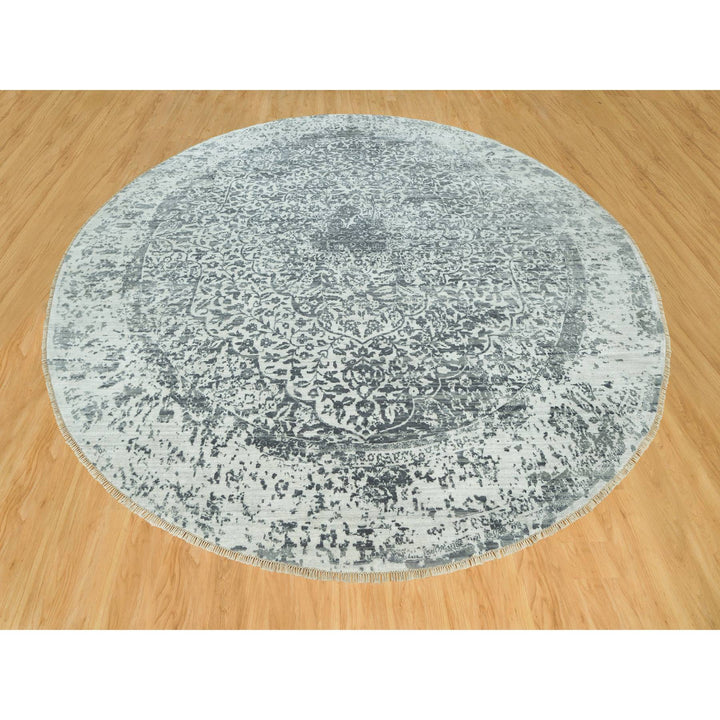 13'10" x 13'10" New Hand Knotted Grey Wool & Silk Round Oriental Rug - MOA10290480