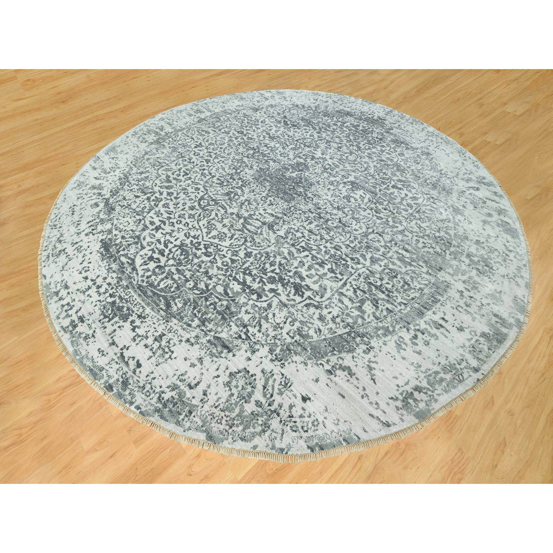 13'10" x 13'10" New Hand Knotted Grey Wool & Silk Round Oriental Rug - MOA10290480