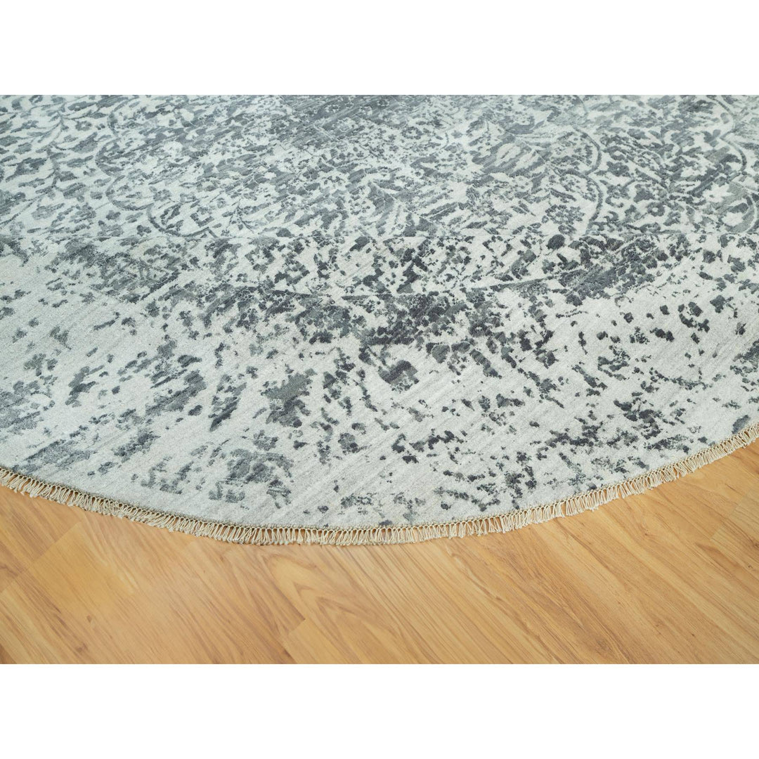 13'10" x 13'10" New Hand Knotted Grey Wool & Silk Round Oriental Rug - MOA10290480