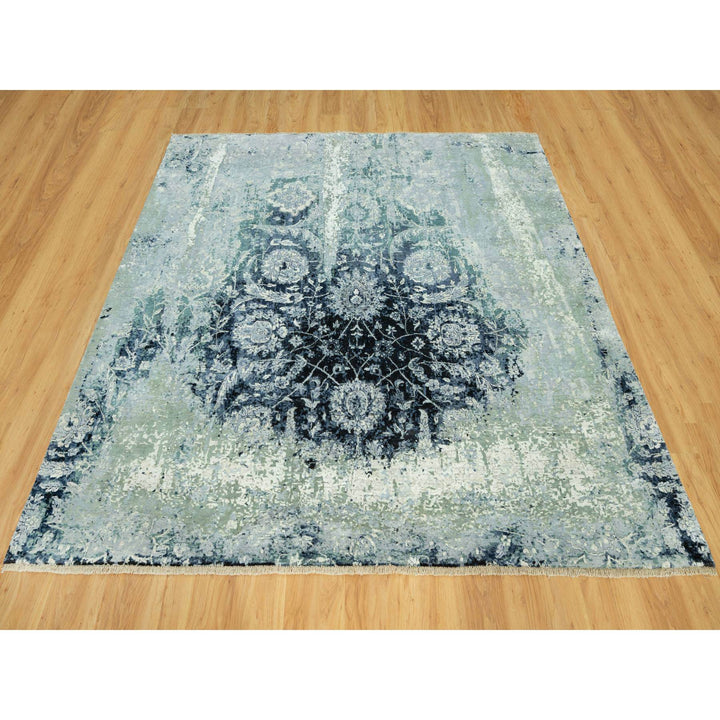 8'0" x 8'0" New Hand Knotted Blue Wool & Silk Square Oriental Rug - MOA10290482