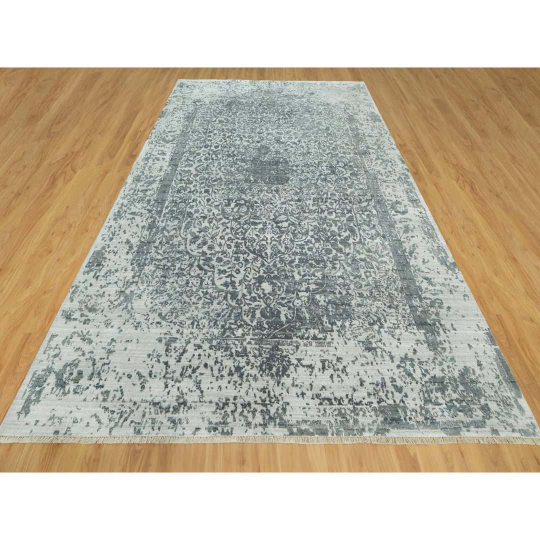 10'0" x 14'1" New Hand Knotted Grey Wool & Silk Rectangle Oriental Rug - MOA10290527