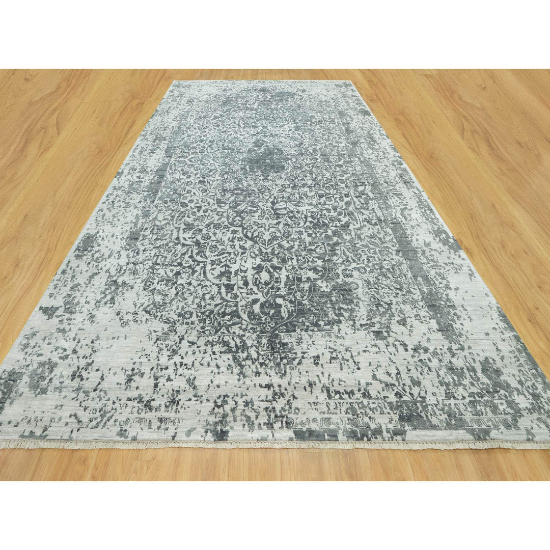 12'1" x 18'0" New Hand Knotted Grey Wool & Silk Rectangle Oriental Rug - MOA10290546