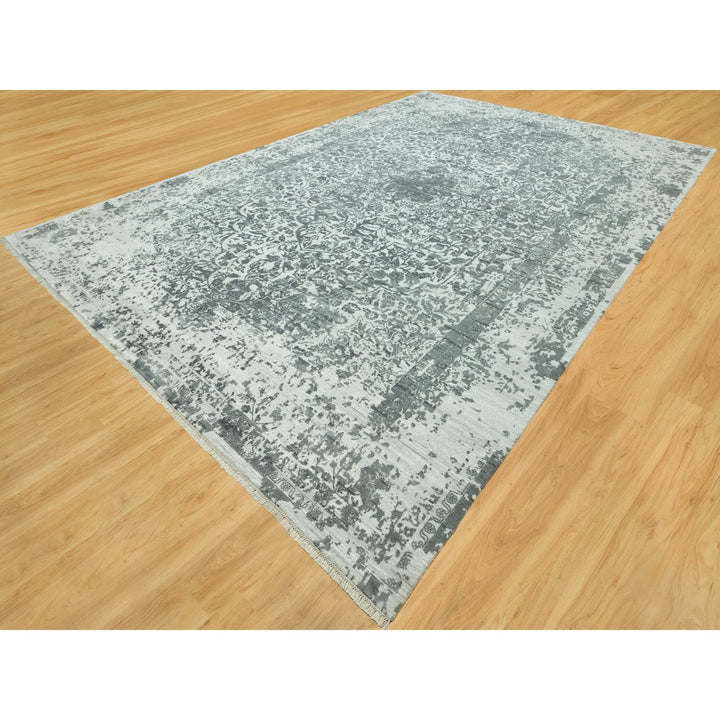 12'1" x 18'0" New Hand Knotted Grey Wool & Silk Rectangle Oriental Rug - MOA10290546