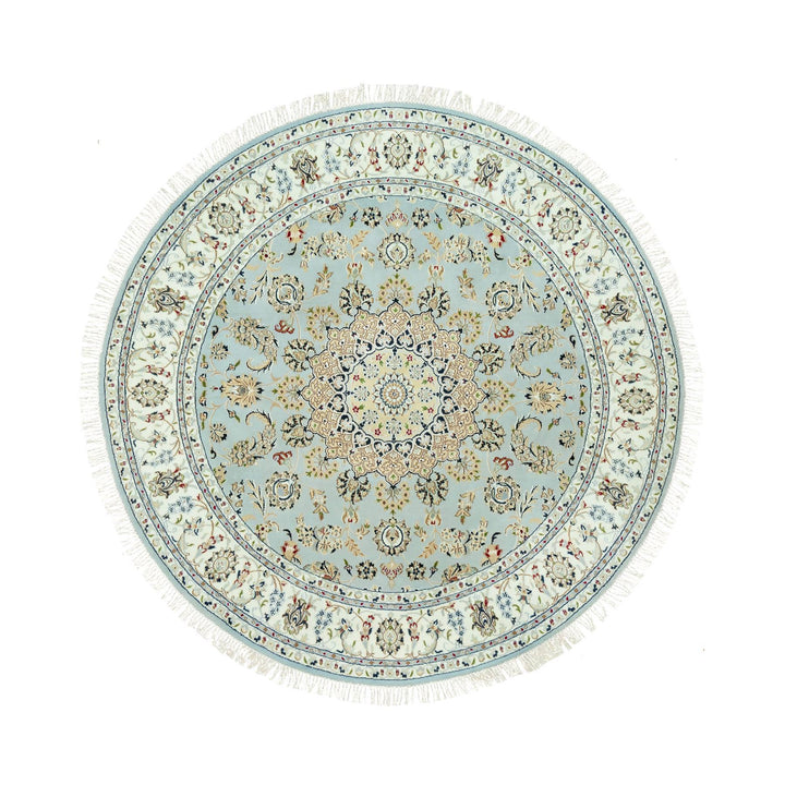 6'11" x 6'11" New Hand Knotted Blue Cotton Round Oriental Rug - MOA10290616