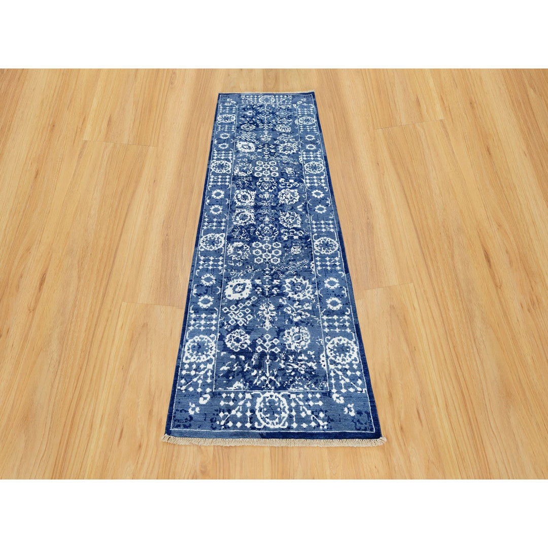 2'6" x 8'0" New Hand Knotted Blue Wool & Silk Runner Oriental Rug - MOA10290666