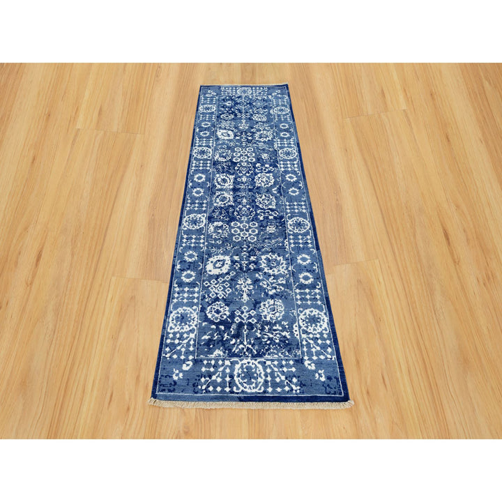 2'6" x 8'0" New Hand Knotted Blue Wool & Silk Runner Oriental Rug - MOA10290666