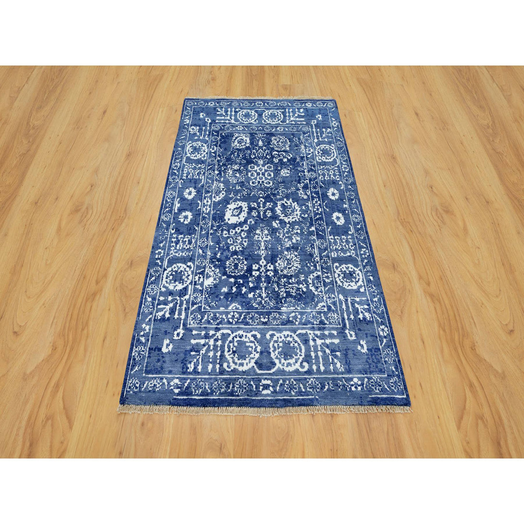 3'2" x 5'0" New Hand Knotted Blue Wool & Silk Rectangle Oriental Rug - MOA10290671