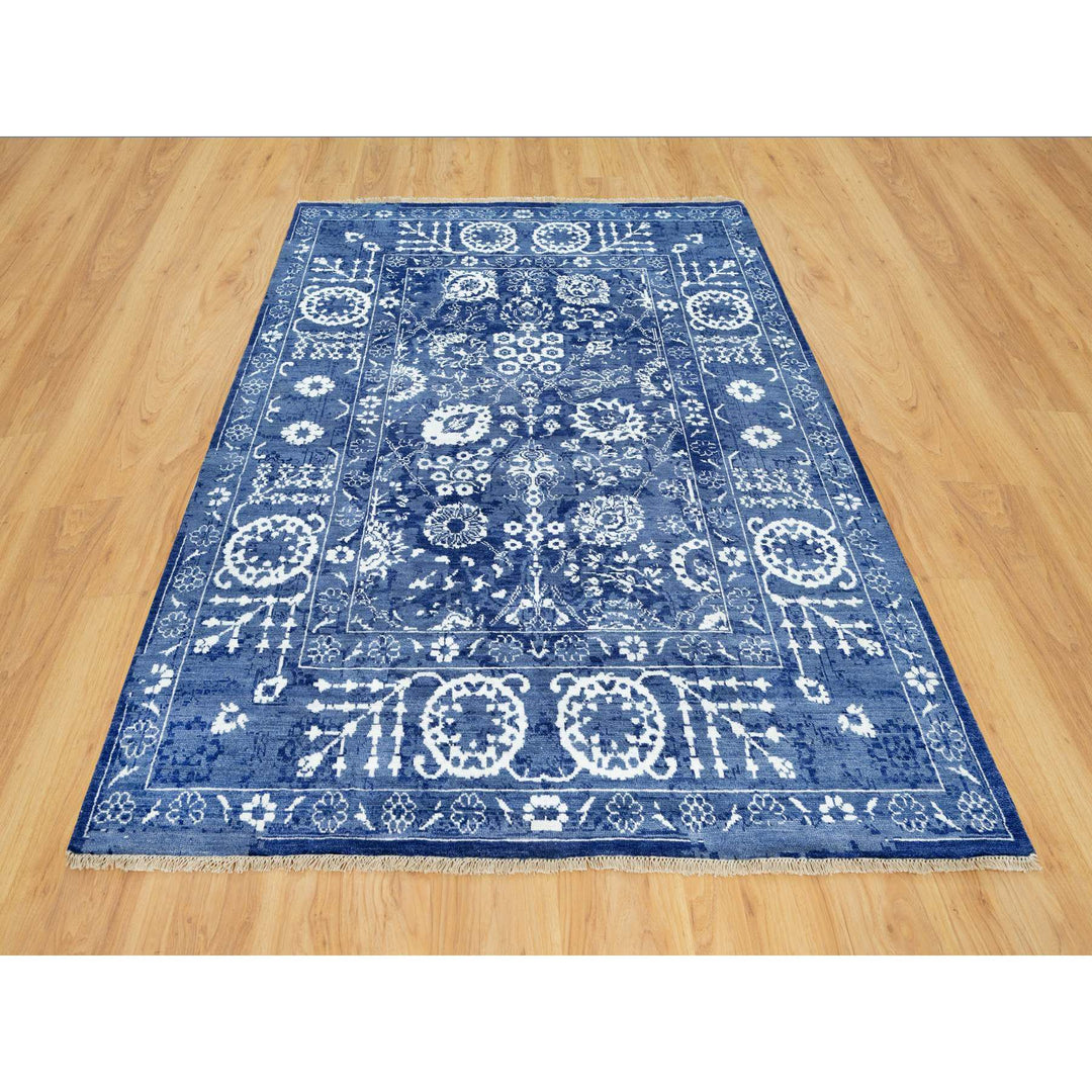 5'1" x 6'10" New Hand Knotted Blue Wool & Silk Rectangle Oriental Rug - MOA10290673