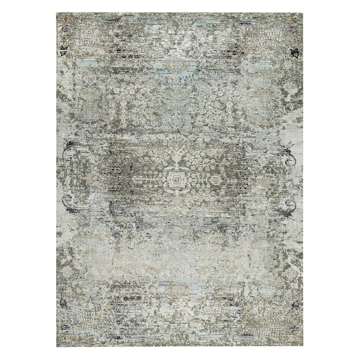 9'0" x 12'0" New Hand Knotted Grey Wool & Silk Rectangle Oriental Rug - MOA10290679