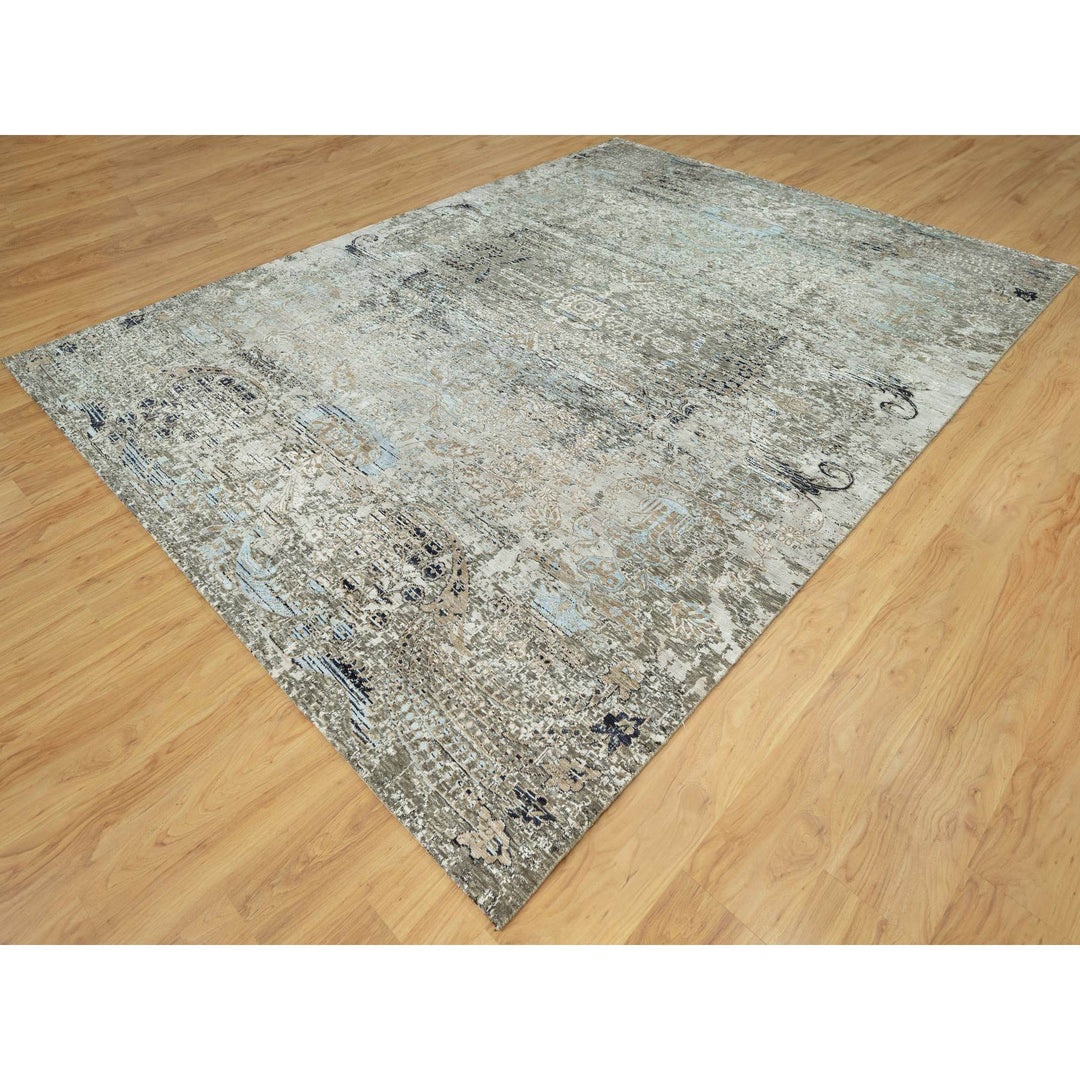 9'0" x 12'0" New Hand Knotted Grey Wool & Silk Rectangle Oriental Rug - MOA10290679