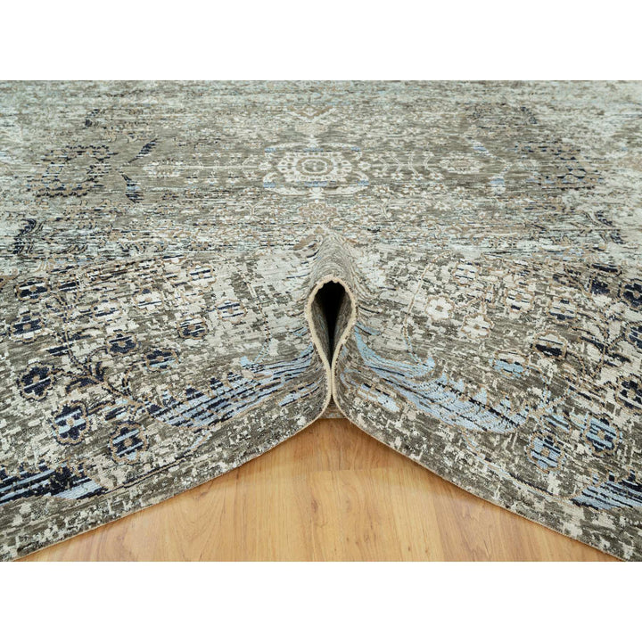 9'0" x 12'0" New Hand Knotted Grey Wool & Silk Rectangle Oriental Rug - MOA10290679