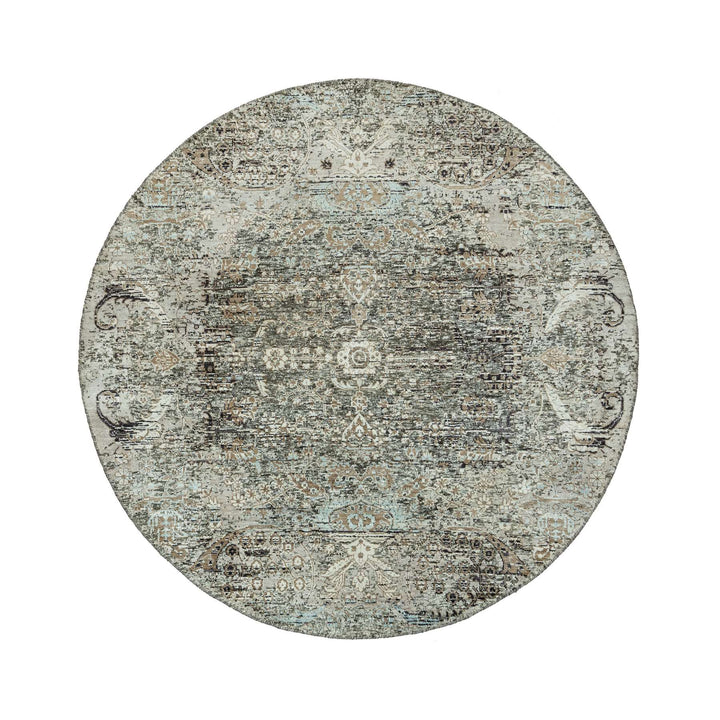 5'11" x 5'11" New Hand Knotted Grey Wool & Silk Round Oriental Rug - MOA10290686